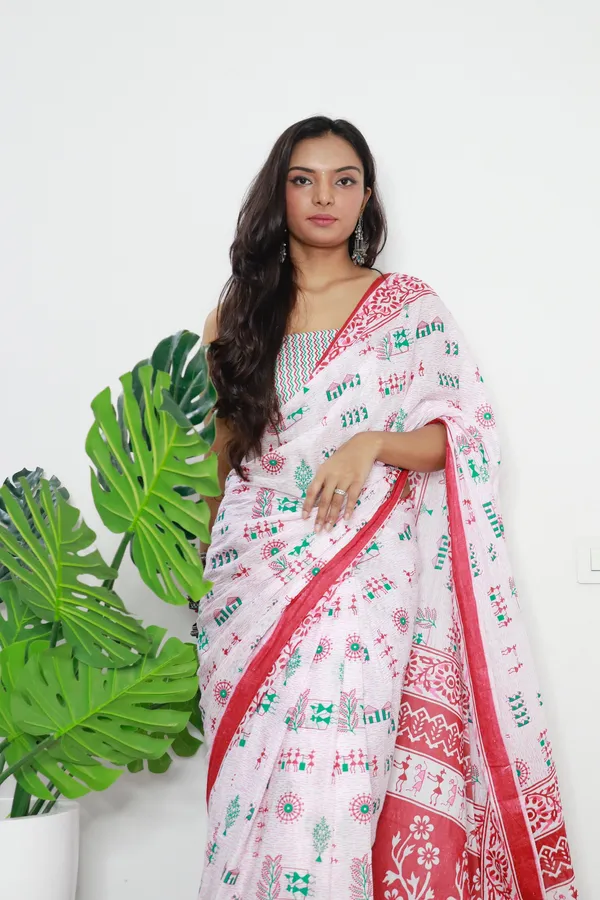 HANDICRAFT_WOMEN'S_Ikkat_PRINT_PURE_SOFT_COTTON_SAREE_WITH_BLOUSE_PIECE_With_Blouse_Piece